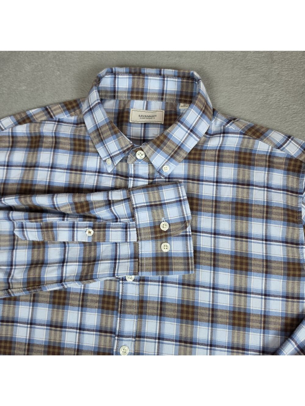Savannah Plaid Button Down Shirt Men's Medium Blue Brown Stretch Tencel Blend